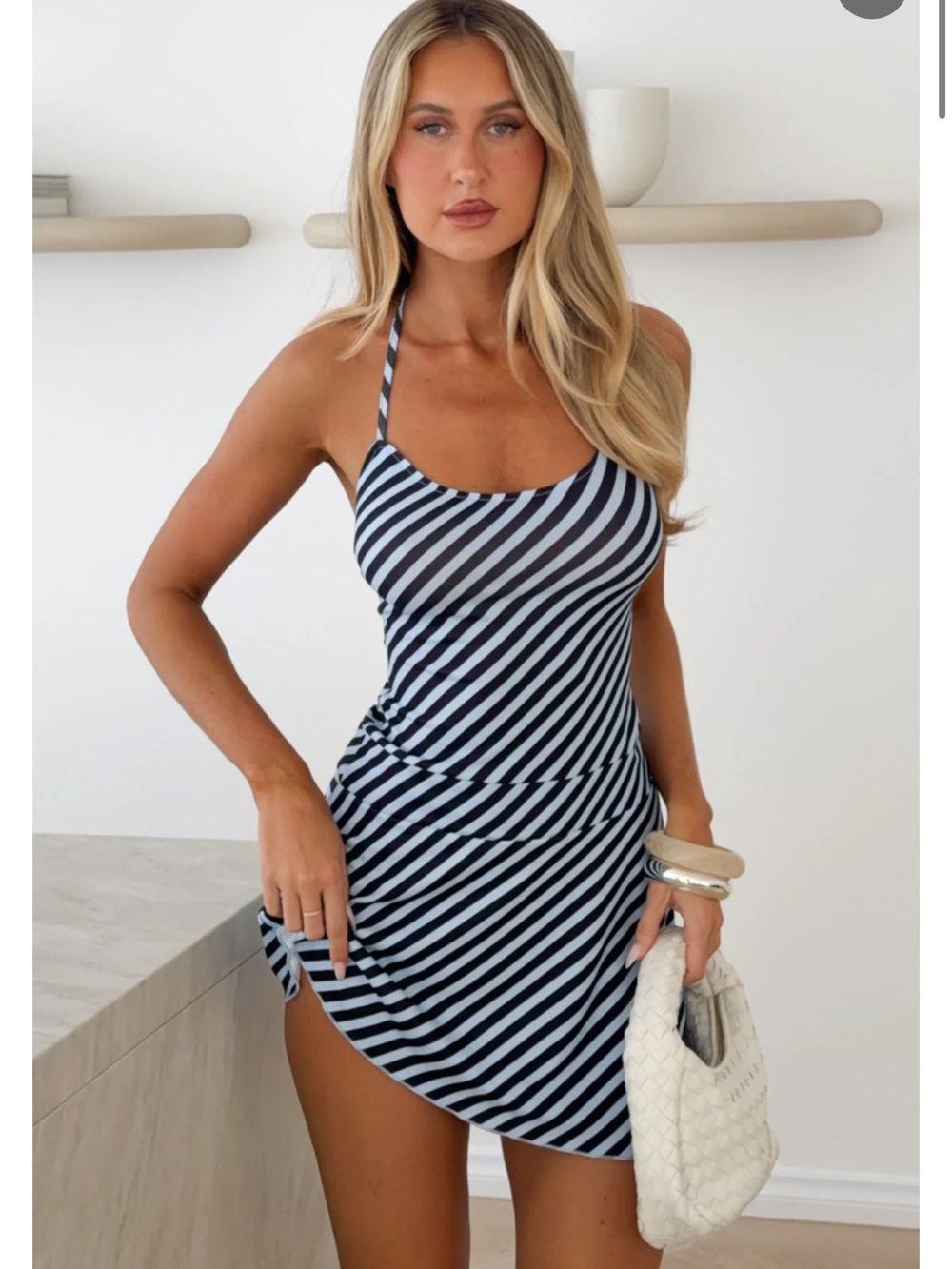Striped Black & White Halter Mini Dress Sure Thing Mini Dress Blue/Black Stripe